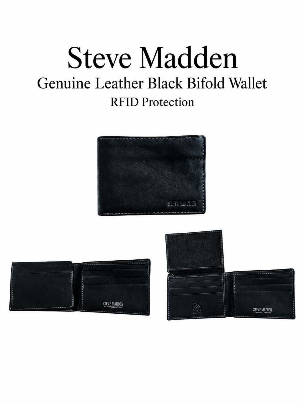 Men’s Steve Madden Genuine Leather Black Bifold Wallet RFID Protection